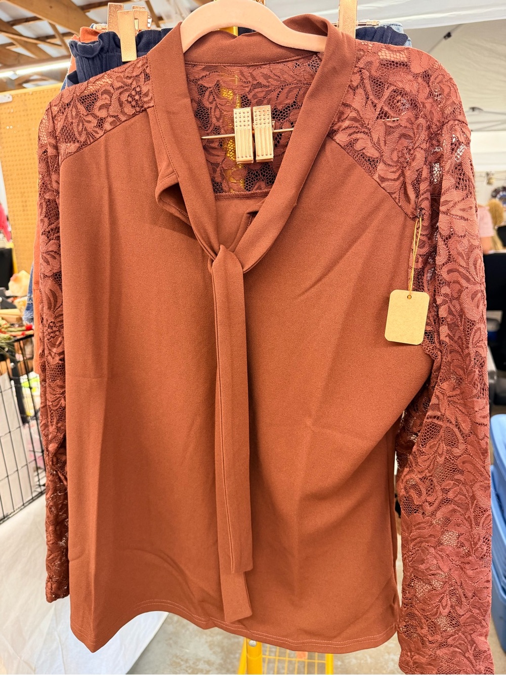 Women’s Tie-Neck Lace Sleeve Top — Rust